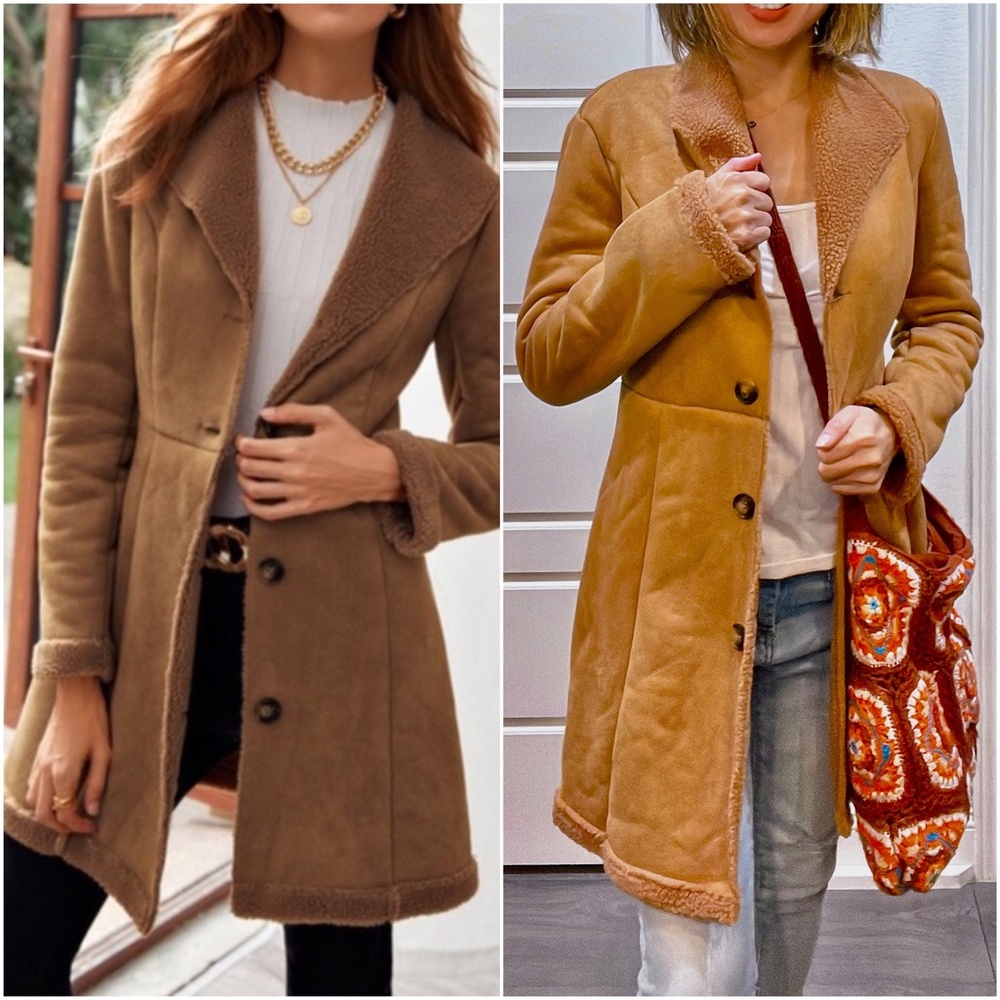 Camel Tan Shearling Lined Vegan Suede Jacket Coat - Picture 3 of 9